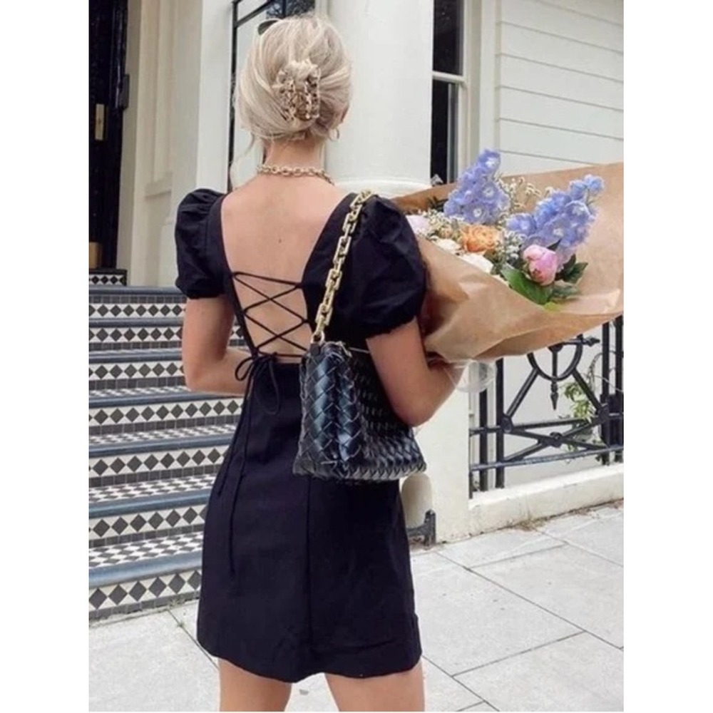 Zara Black Lace Up Back Puff Sleeve Mini Dress Square Neck XXL